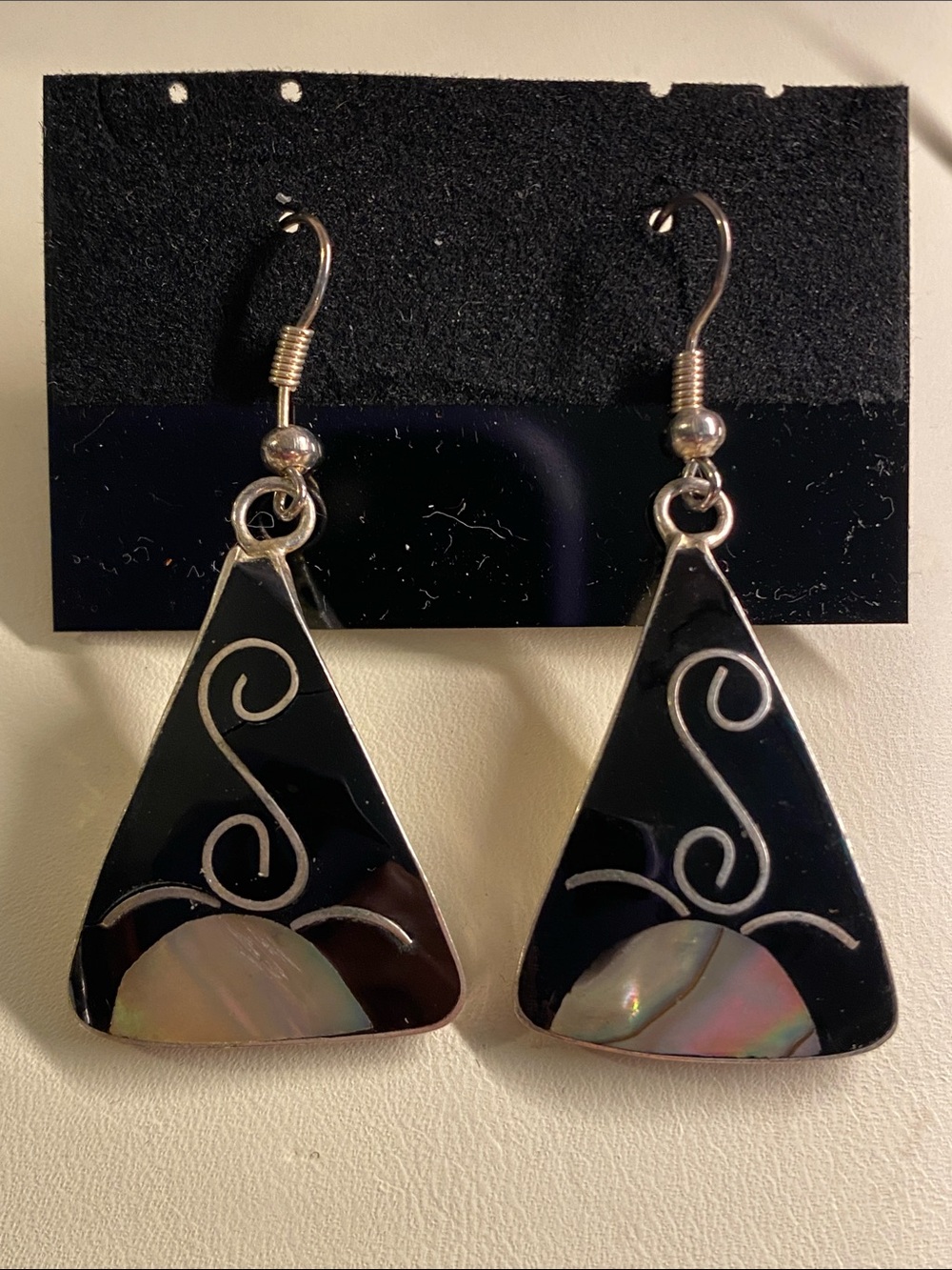 Vintage Alpaca Silver Abalone Shell Inlay Dangle Earrings Artisan Mexico